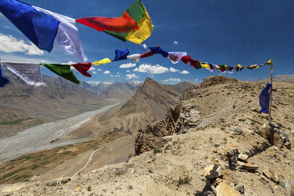 Buddhist prayer flags in Spiti Valley in Himalayas, Himachal Pradesh, India, Asia