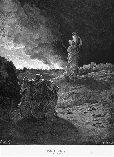 Bible, Lot's salvation, Genesis 19, 23, fire, city of Sodom, daughters, landscape, water jug, Lot, Moses, salvation, danger, mountain, Old Testament, historical illustration 1885