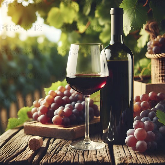 Food and drink background with red wine, fresh grapes and wine bottle. AI Generated, AI generated