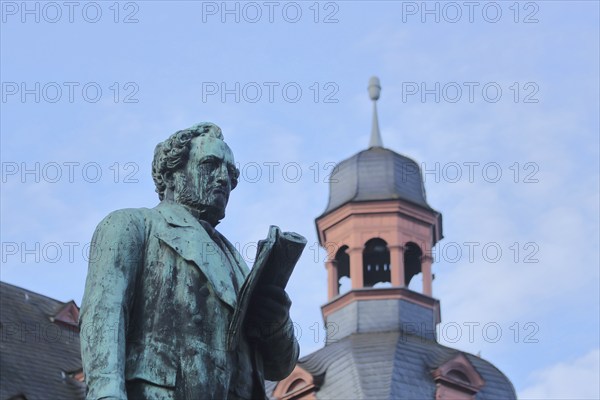 Jesuit Square with monument to physician Johannes Müller 1801-1858 and spire of the Jesuit Church, detail, Old Town, Koblenz, Rhineland-Palatinate, Upper Middle Rhine Valley, Germany, Europe