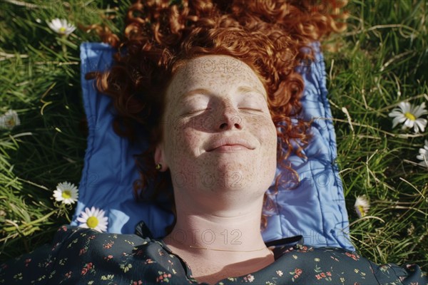 Teenager, young fair-skinned woman with red hair and freckles lying on a spring meadow and basking in the first spring sun, health risk, possible late effects, risk of skin cancer due to intense UV radiation that can cause sunburn, AI generated, AI generated, AI generated