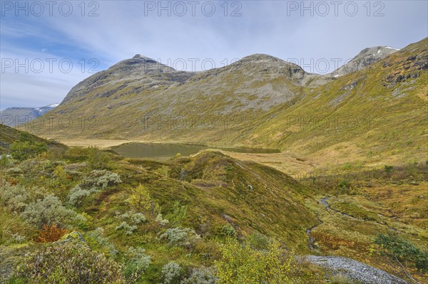 View of the Valldalen valley, Reinheimen National Park, lake and mountain, Møre og Romsdal, Norway, Europe