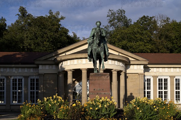 Equestrian statue of King Wilhelm I in front of Großer Kursaal, Königsplatz, Bad Cannstatt, Stuttgart, Baden-Württemberg, Germany, Europe