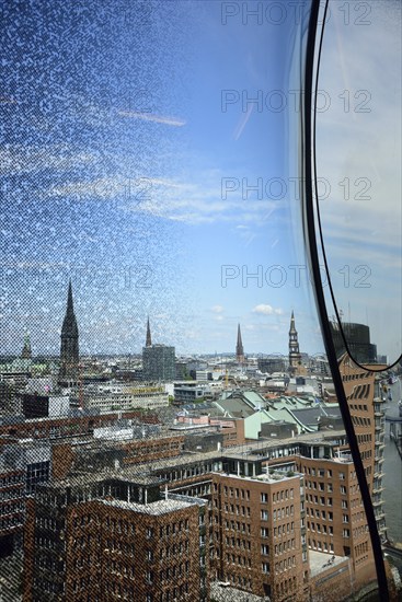 Europe, Germany, Hanseatic City of Hamburg, Elbe, Elbe Philharmonic Hall, Plaza, view over the city, designed panes, Hamburg, Hamburg, Federal Republic of Germany, Europe