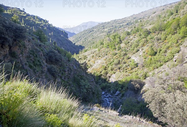 Landscape of the River Rio Poqueira gorge valley, High Alpujarras, Sierra Nevada, Granada Province, Spain, Europe