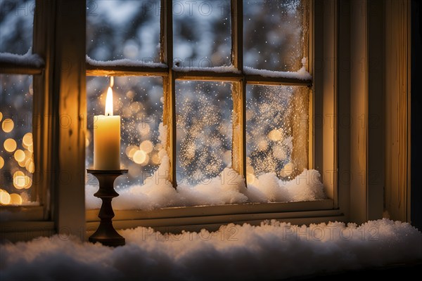 Snow-covered window with frost patterns, candlelight softly glowing through the glass, and warm, blurry Christmas lights in the background, AI generated