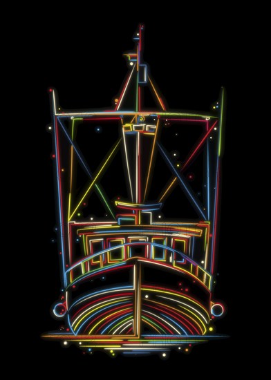 Front view of a fishing vessel, trawler or ship tug in colors over black background.Stylized hand drawn vector illustration