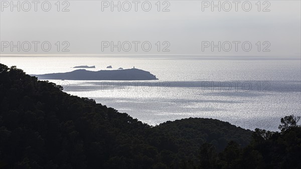 Foggy morning atmosphere in the bay of Sant Antoni, in the background the island of Conillera, Ibiza, Balearic Islands, Mediterranean Sea, Spain, Europe