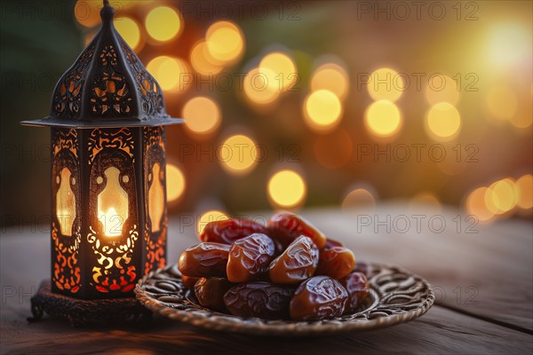 Ramadan lantern with a plate of succulent figs on bokeh background, set on an ornate table with intricate designs, evoking the rich traditions and serene moments of the holy month, AI generated