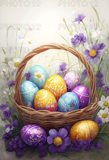 Abstract illustration of of vibrant-colored Easter eggs in a wicker basket, surrounded by delicate spring flowers, AI generated