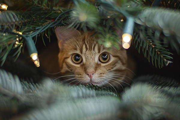 Cute cat between branches of traditional Christmas tree with electric light chain. Generative Ai, AI generated