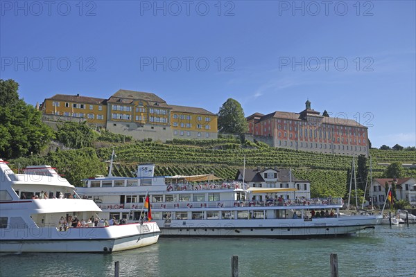 View of former yellow riding stable, today's state winery and Droste-Hülshoff-Gymnasium with grapevines, harbour with passenger ships, quay, marina, shore, winery, Meersburg, Obersee, Lake Constance, Lake Constance area, Baden-Württemberg, Germany, Europe