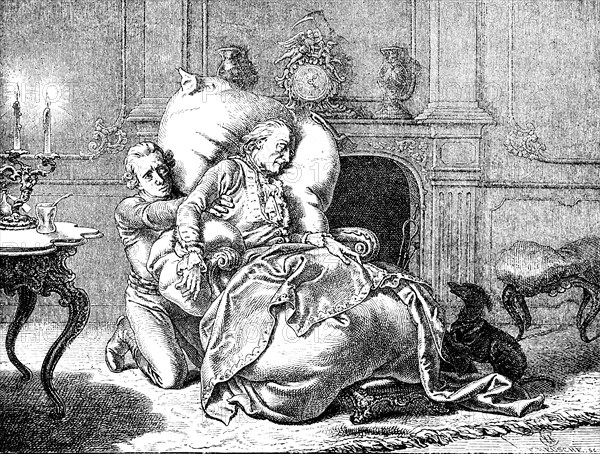 The dying King Frederick II, the Great, Sanssouci Palace, Hohenzollern, deathbed, fireplace, candlelight, servants, dogs, Potsdam, Prussia, Brandenburg, historical illustration 1882