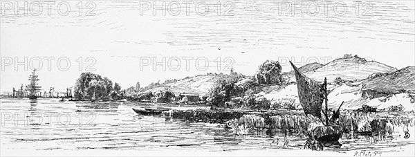 The Oder with Stettin or Szczecin, on the horizon, Poland, river, reed bank, barge, sail, hilly landscape, nature, rural idyll, historical illustration 1880, Europe