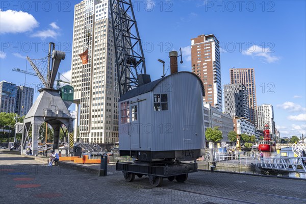 The Maritime Museum, outdoor area in the Leuvehaven, in Rotterdam, many old ships, boats, exhibits from the maritime sector, Netherlands