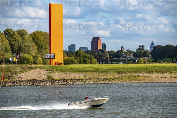 The sculpture Rhine Orange at the mouth of the Ruhr into the Rhine, skyline of the city centre of Duisburg, tower of the North Rhine-Westphalia State Archive, town hall tower and Salvator Church, North Rhine-Westphalia, Germany, Europe