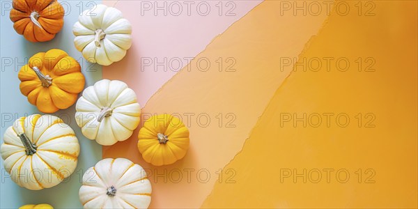 Banner with orange and white pumpkins on multicolored background with copy space. Generative Ai, AI generated