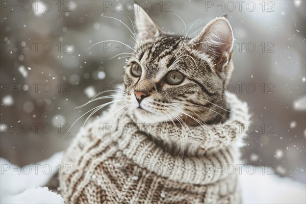 Cute cat in knitted sweater in winter snow landscape. Generative Ai, AI generated