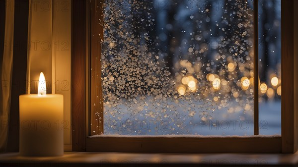 Snow-covered window with frost patterns, candlelight softly glowing through the glass, and warm, blurry Christmas lights in the background, AI generated