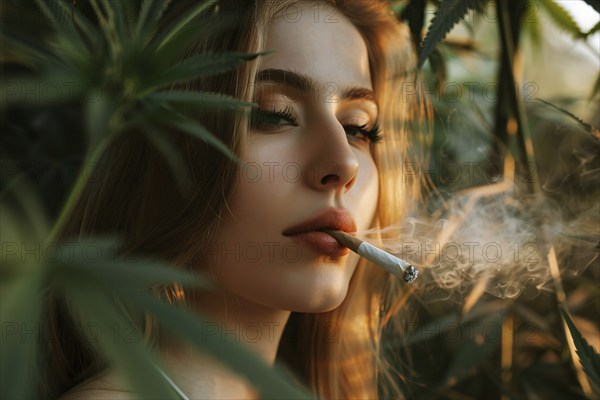 Attractive young woman smoking a joint cigarette between marihuana plants. KI generiert, generiert, AI generated