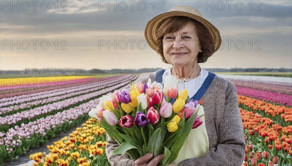 A smiling elderly woman with a hat holds a colourful bouquet of tulips, wide field in the soft light of the sunset, AI generated, AI generated