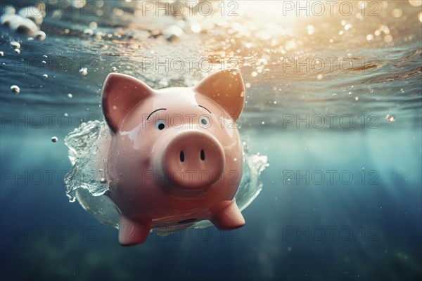 Piggy bank drowning in water. Concept for lost savings or economy recession. KI generiert, generiert AI generated