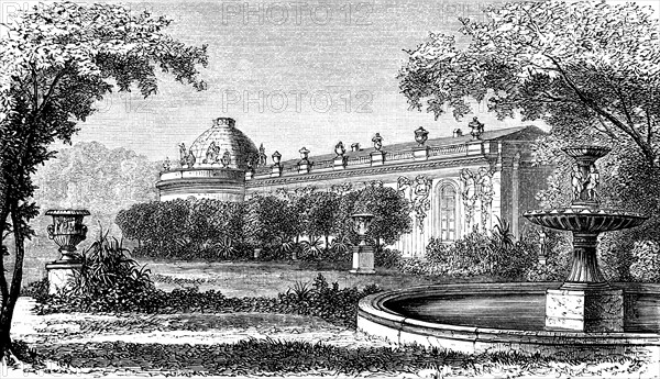 Castle Sanssoucides King Frederich II the Great, without care, monument, rococo style, architecture, park, fountain, putti, Potsdam, Hohenzollern, Prussia, historical illustration 1882