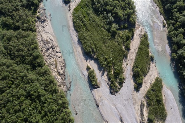 Upper Isar at the Sylvenstein reservoir, Isar at the inlet to the Sylvensteinsee, near Lenggries, Isarwinkel, aerial view, Upper Bavaria, Bavaria, Germany, Europe