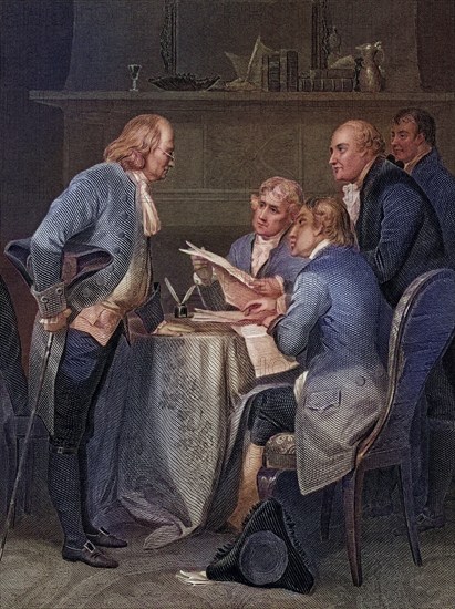 The Committee of Five drafting the Declaration of Independence From left Franklin Jefferson Adams Livingston Sherman After Alonzo Chappel from Life and Times of Washington Volume 1, published 1857, The Committee of Five drafting Declaration of Independence From left Franklin Jefferson Adams Livingston Sherman After Alonzo Chappel from Life and Times of Washington Volume 1 published 1857, Historic, digitally restored reproduction from a 19th century original, Record date not stated