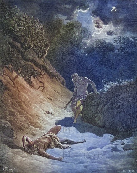 Copperplate engraving from the Dore Bible illustrating Genesis, The Death of Abel by Gustave Dore 1832-1883 French artist and illustrator, Historical, digitally restored reproduction from a 19th century original, Record date not stated