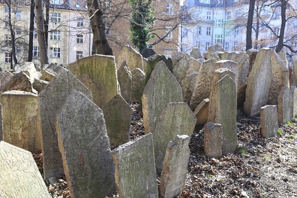 The Old Jewish Cemetery in the Josefov district is one of the most historically significant Jewish cemeteries in Europe. It contains over 12, 000 gravestones and presumably the remains of 100, 000 people, Prague, Czech Republic, Europe