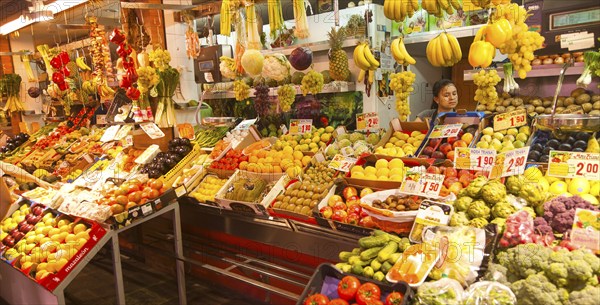 Fruit and vegetable stall in historic market building in Triana, Seville, Spain, Europe