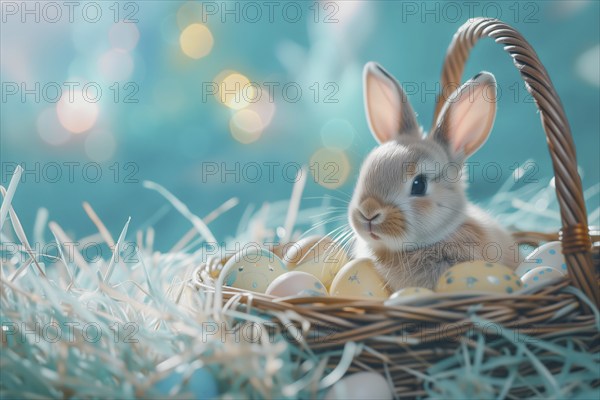 Cute Easter bunny sits beside a basket filled with colorful, decorated eggs amidst a vibrant green field under the bright, sunny sky. The festive spirit of Easter and the joy of nature, AI generated