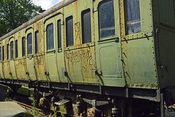 Europe, Germany, Aumühle, Holstein, Duchy of Lauenburg district, Hamburg metropolitan region, Aumühle engine shed museum railway, open-air site, wagons, passenger wagon awaiting restoration, Hamburg, Hamburg, Federal Republic of Germany, Europe