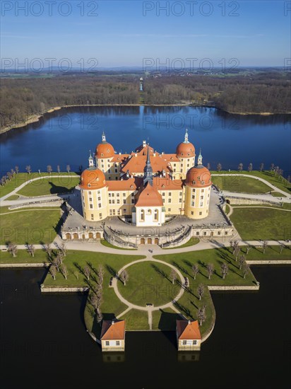 Moritzburg Castle is located in the municipality of Moritzburg near Dresden. The hunting lodge, which dates back to a 16th century hunting lodge, was given its present form in the 18th century under Augustus the Strong, Moritzburg, Saxony, Germany, Europe