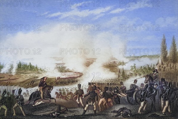 In the Battle of Talavera de la Reina on 27 and 28 July 1809, a British army under Wellington and a Spanish army under the Captain-General of Estremadura, Cuesta, repelled the attacks of a French army under Joseph Bonaparte and the marshals Jean-Baptiste Jourdan and Claude-Victor Perrin gen. Victor, Historical, digitally restored reproduction from a 19th century original, Record date not stated