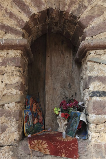 Amhara region, near Gondar, Gonder, prayer niche, votive tablets, holy images at the church of Debre Berhan Selassie, built in the 17th century, UNESCO, World Heritage Site, world, heritage, cultural heritage, Ethiopia, Africa