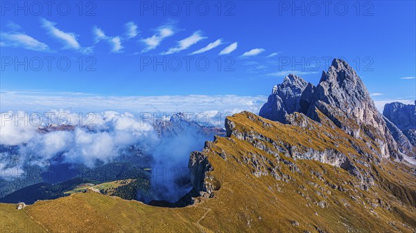 The Sas Rigais and Furchetta peaks of the Odle Group, drone shot, Val Gardena, Dolomites, Autonomous Province of Bolzano, South Tyrol, Italy, Europe