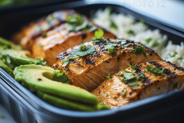 Meal prep with healthy grilled salmon fish, avocado and rice. Generative Ai, AI generated