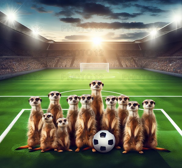 A group of meerkats have lined up as a football team in a football stadium, AI generated, AI generated