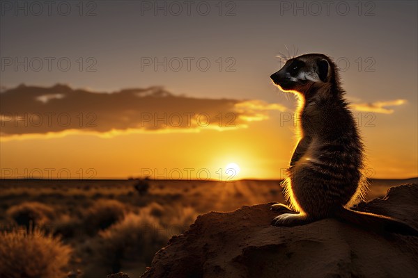 Meerkat silhouetted against the setting sun standing atop a termite mound in the kalahar desert, AI generated