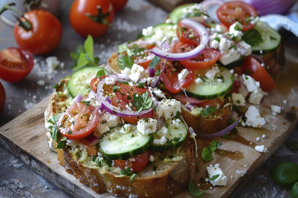 Slice of bread with cucumber, red onions, tomatoes and feta cheese. Generative Ai, AI generated