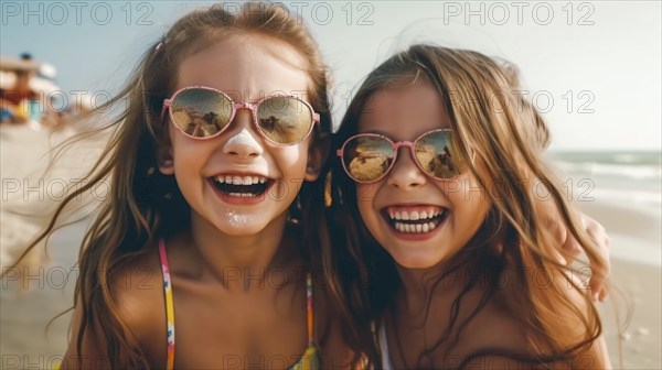 Two young girlfriends posing wearing sunglasses having fun on the beach, generatvie AI, AI generated