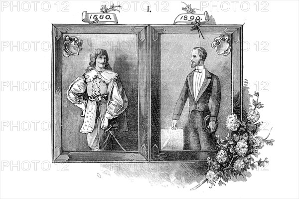 Comparison of men's fashion in the years 1660 and 1890 in Europe, historical, digital reproduction of an original from the 19th century