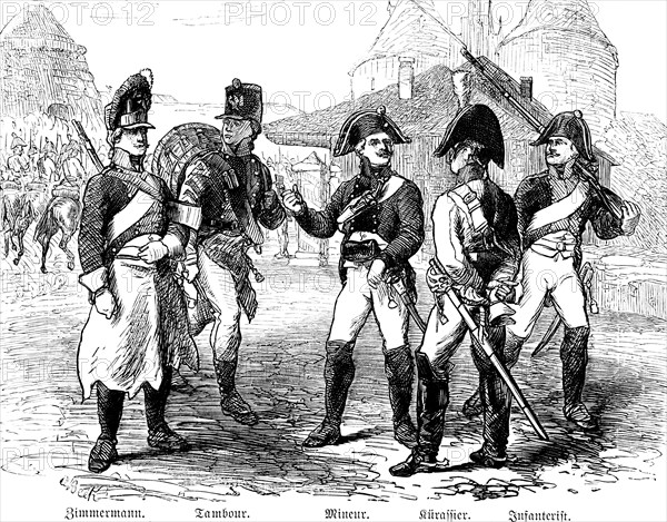 Prussian troops in 1806, soldiers in uniform, carpenter, tambour or drummer, miner or layer of an explosive charge, cuirassier, infantryman, weapons, rifles, boots, hat, sword, cityscape, military, Prussia, historical illustration 1882