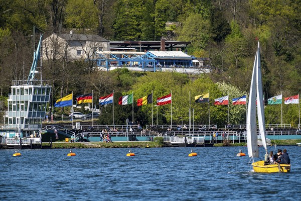 Lake Baldeney, reservoir of the Ruhr, regatta tower, regatta grandstand, catering above the lake, Greek restaurant Hügoloss, with large terrace, sailing boat, Essen, North Rhine-Westphalia, Germany, Europe