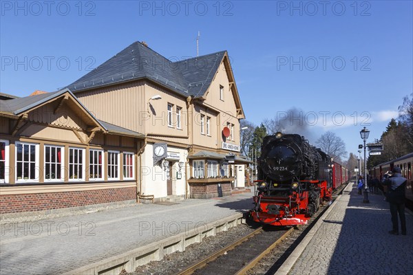 Steam train of the Brockenbahn railway steam railway at Drei Annen Hohne station, Germany, Europe