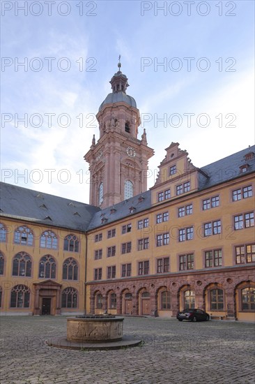 Inner courtyard with tower of the Neubaukirche, University Church, Renaissance, Old University, Würzburg, Lower Franconia, Franconia, Bavaria, Germany, Europe