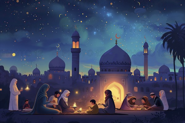 Essence of Ramadan, featuring people gathered and eating near a mosque under a starry night sky, illuminated by the crescent moon, AI generated