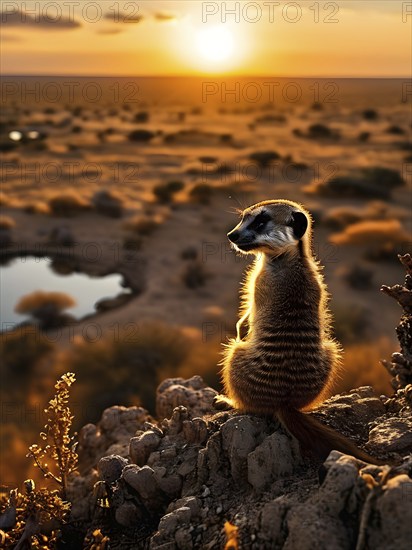 Meerkat silhouetted against the setting sun standing atop a termite mound in the kalahar desert, AI generated